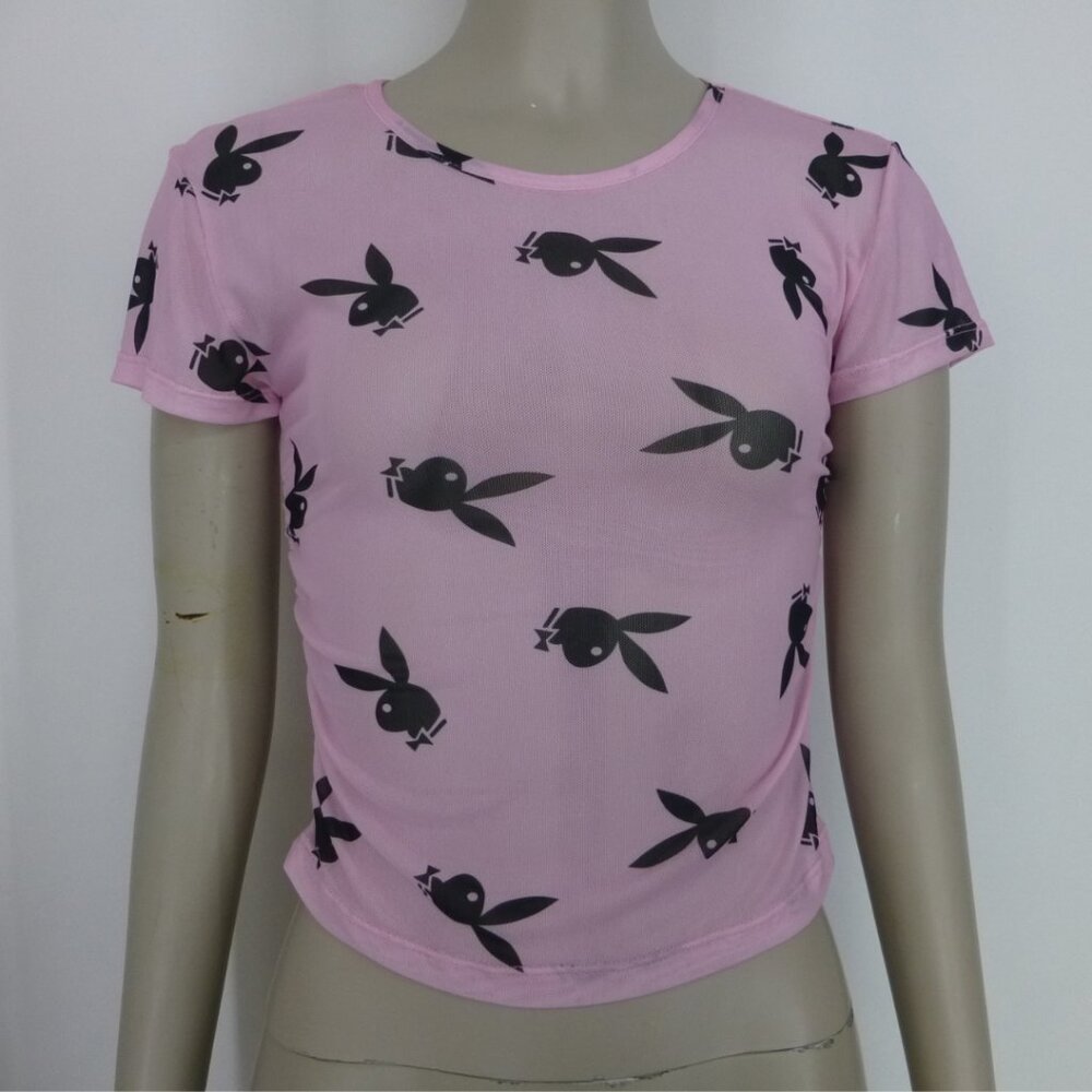 NWT - Playboy Mesh, Ruched Sides, Short Sleeves, Pink All Over Print Logo Top (S